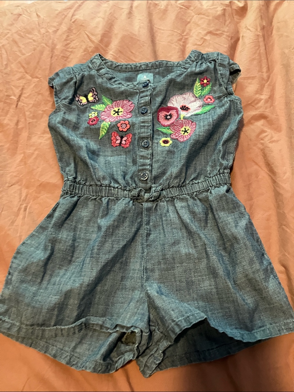 Baby GAP Denim Floral Embroidered Romper - Blue with Pink Accents 2 years